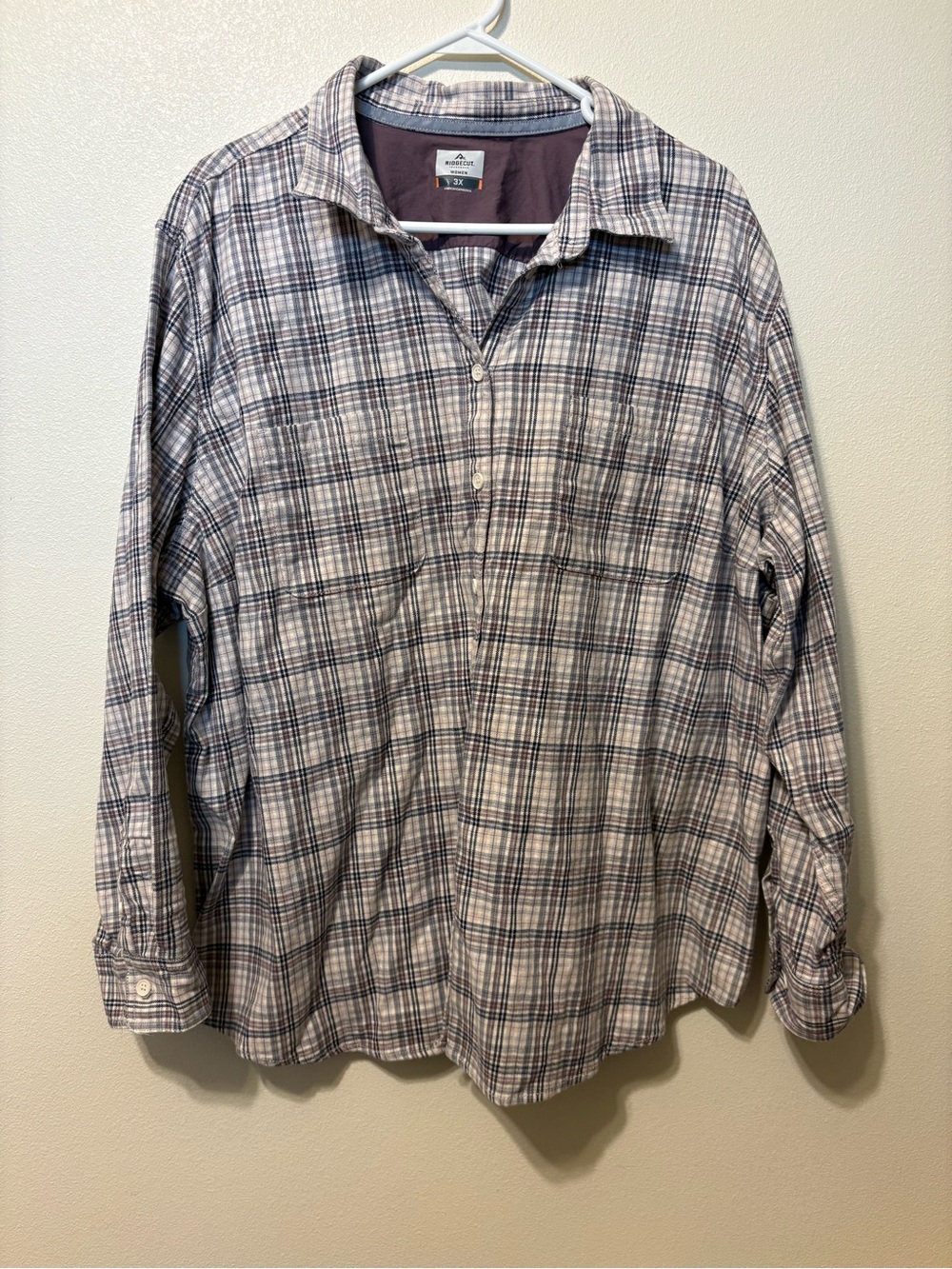Women’s Ridgecut brand Plaid Button-Up Shirt in Beige and Navy